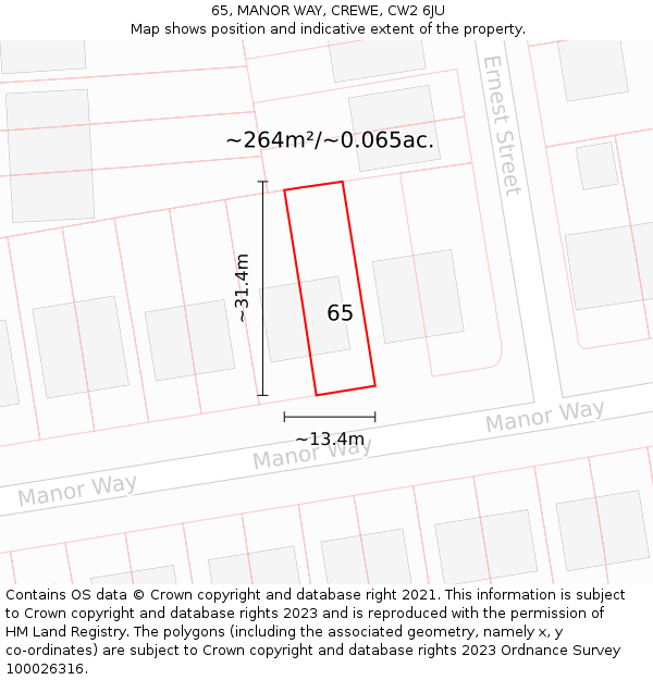 65, MANOR WAY, CREWE, CW2 6JU: Plot and title map