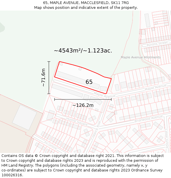 65, MAPLE AVENUE, MACCLESFIELD, SK11 7RG: Plot and title map