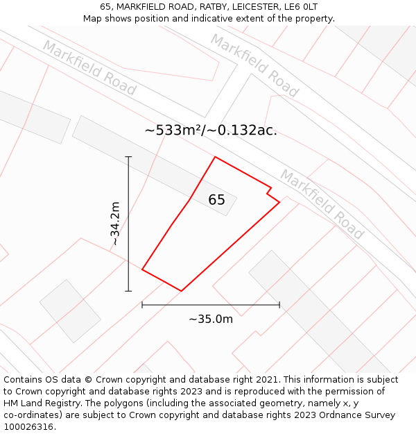 65, MARKFIELD ROAD, RATBY, LEICESTER, LE6 0LT: Plot and title map