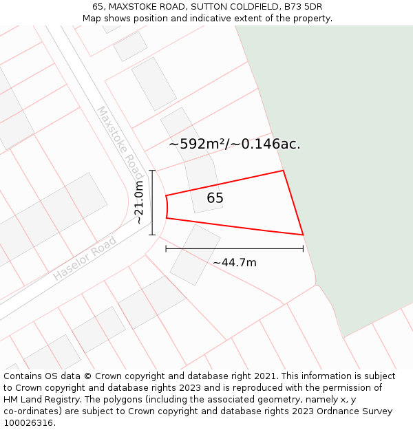 65, MAXSTOKE ROAD, SUTTON COLDFIELD, B73 5DR: Plot and title map
