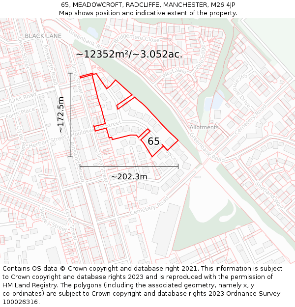 65, MEADOWCROFT, RADCLIFFE, MANCHESTER, M26 4JP: Plot and title map