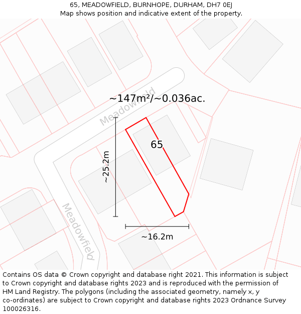 65, MEADOWFIELD, BURNHOPE, DURHAM, DH7 0EJ: Plot and title map