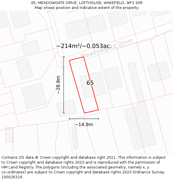 65, MEADOWGATE DRIVE, LOFTHOUSE, WAKEFIELD, WF3 3SR: Plot and title map