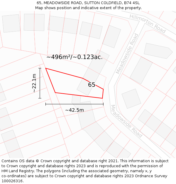 65, MEADOWSIDE ROAD, SUTTON COLDFIELD, B74 4SL: Plot and title map