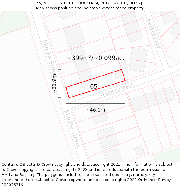 65, MIDDLE STREET, BROCKHAM, BETCHWORTH, RH3 7JT: Plot and title map