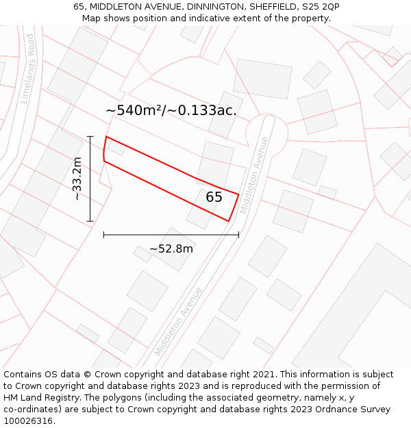 65, MIDDLETON AVENUE, DINNINGTON, SHEFFIELD, S25 2QP: Plot and title map