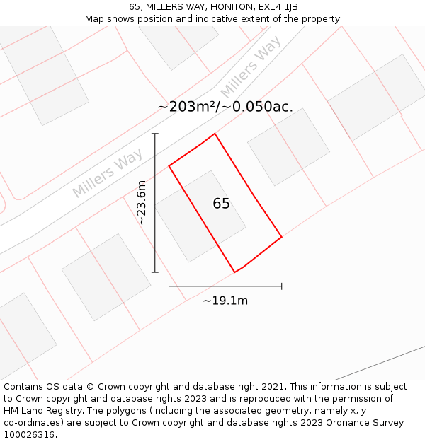 65, MILLERS WAY, HONITON, EX14 1JB: Plot and title map