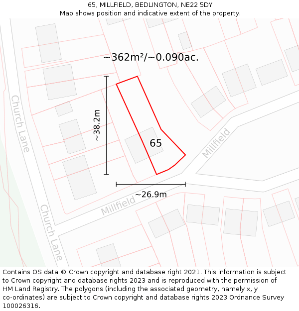 65, MILLFIELD, BEDLINGTON, NE22 5DY: Plot and title map