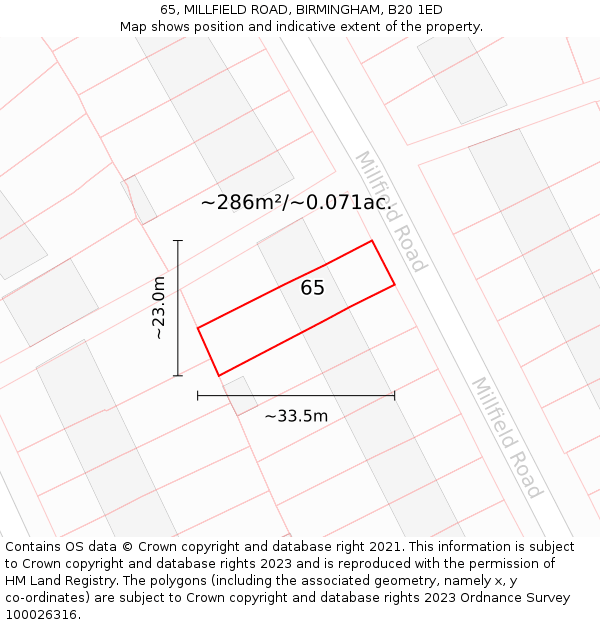 65, MILLFIELD ROAD, BIRMINGHAM, B20 1ED: Plot and title map