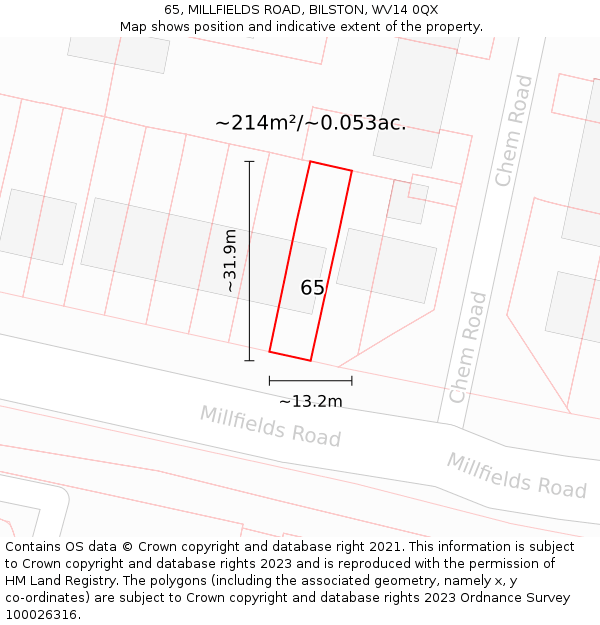 65, MILLFIELDS ROAD, BILSTON, WV14 0QX: Plot and title map