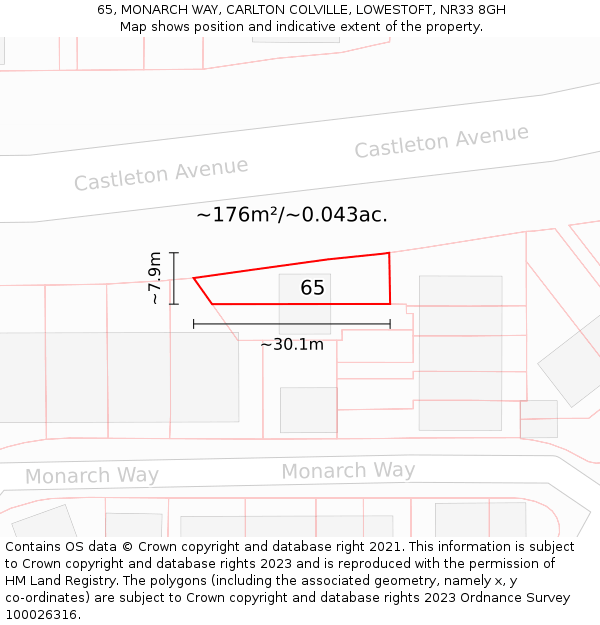 65, MONARCH WAY, CARLTON COLVILLE, LOWESTOFT, NR33 8GH: Plot and title map