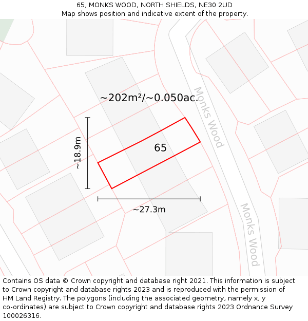 65, MONKS WOOD, NORTH SHIELDS, NE30 2UD: Plot and title map