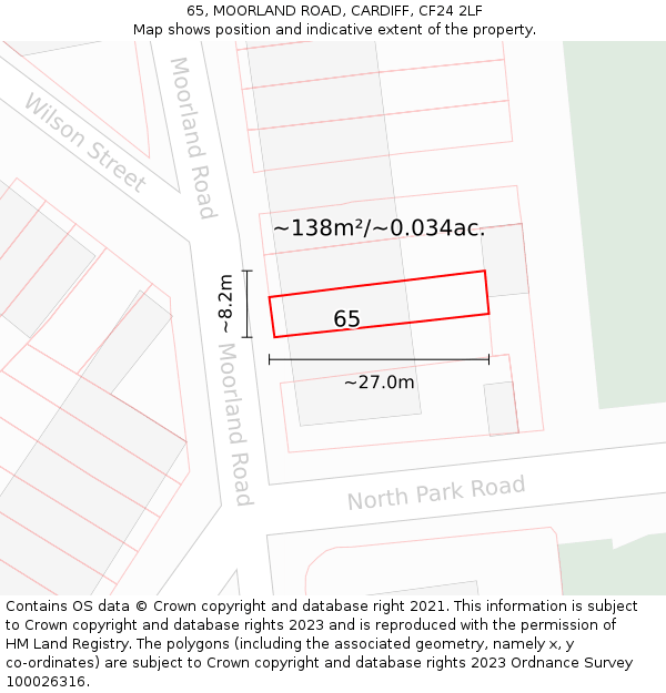 65, MOORLAND ROAD, CARDIFF, CF24 2LF: Plot and title map