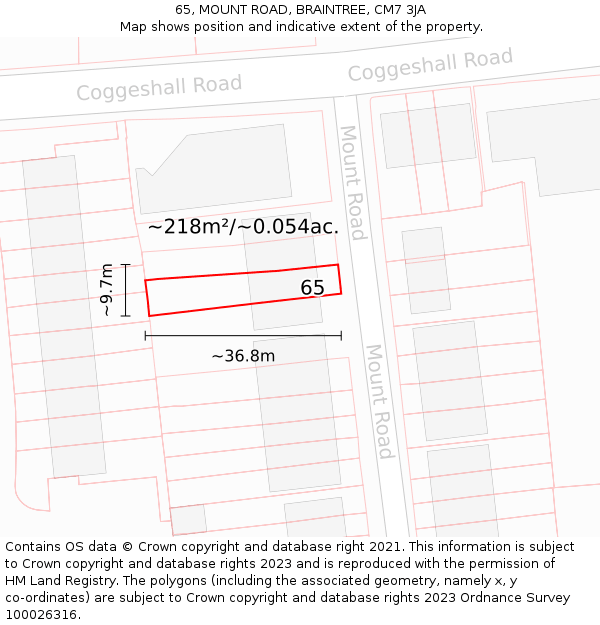 65, MOUNT ROAD, BRAINTREE, CM7 3JA: Plot and title map
