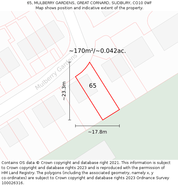 65, MULBERRY GARDENS, GREAT CORNARD, SUDBURY, CO10 0WF: Plot and title map