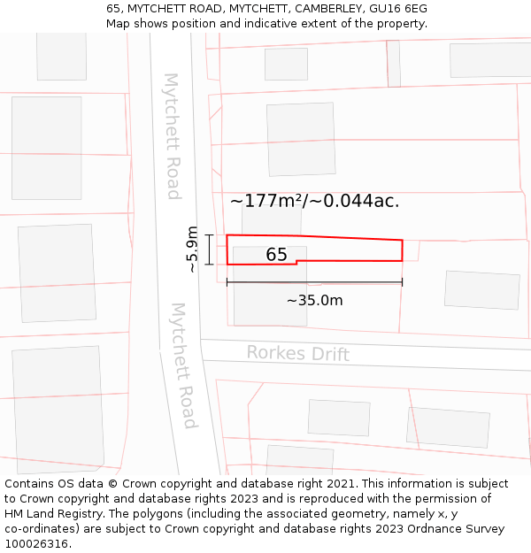 65, MYTCHETT ROAD, MYTCHETT, CAMBERLEY, GU16 6EG: Plot and title map