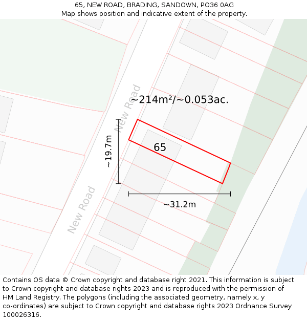 65, NEW ROAD, BRADING, SANDOWN, PO36 0AG: Plot and title map