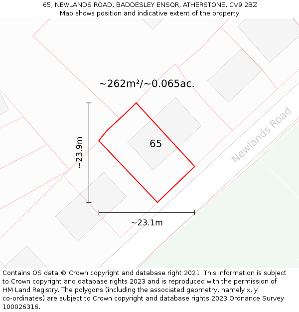 65, NEWLANDS ROAD, BADDESLEY ENSOR, ATHERSTONE, CV9 2BZ: Plot and title map
