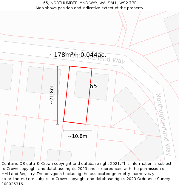 65, NORTHUMBERLAND WAY, WALSALL, WS2 7BF: Plot and title map
