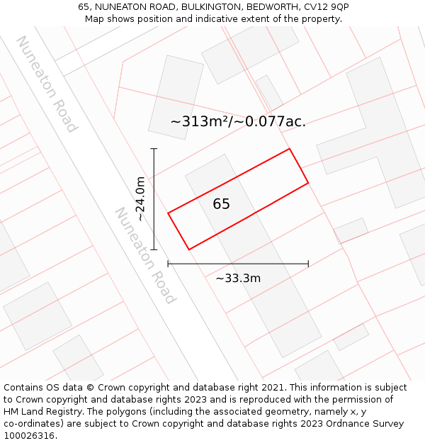 65, NUNEATON ROAD, BULKINGTON, BEDWORTH, CV12 9QP: Plot and title map