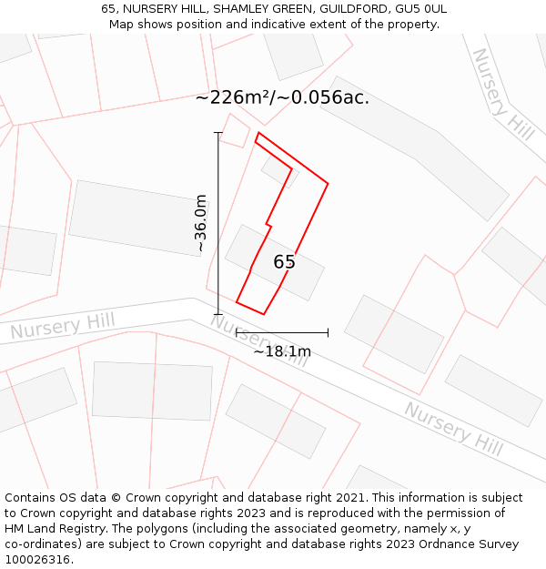 65, NURSERY HILL, SHAMLEY GREEN, GUILDFORD, GU5 0UL: Plot and title map