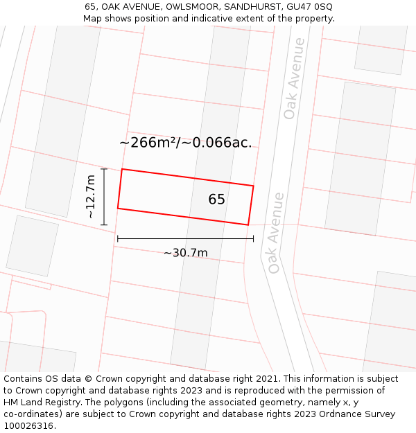 65, OAK AVENUE, OWLSMOOR, SANDHURST, GU47 0SQ: Plot and title map