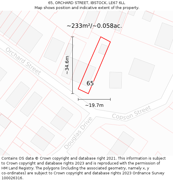 65, ORCHARD STREET, IBSTOCK, LE67 6LL: Plot and title map