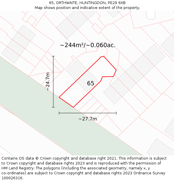 65, ORTHWAITE, HUNTINGDON, PE29 6XB: Plot and title map