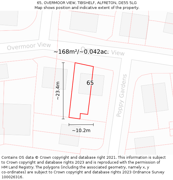 65, OVERMOOR VIEW, TIBSHELF, ALFRETON, DE55 5LG: Plot and title map