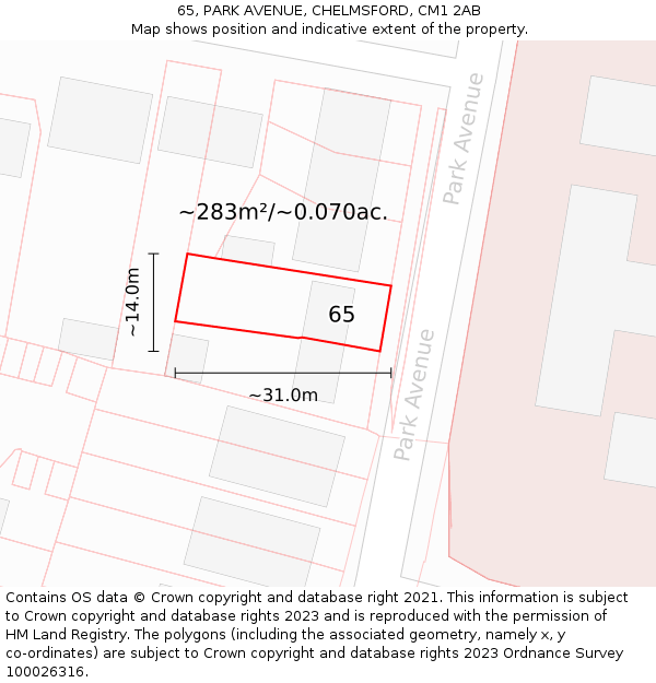 65, PARK AVENUE, CHELMSFORD, CM1 2AB: Plot and title map
