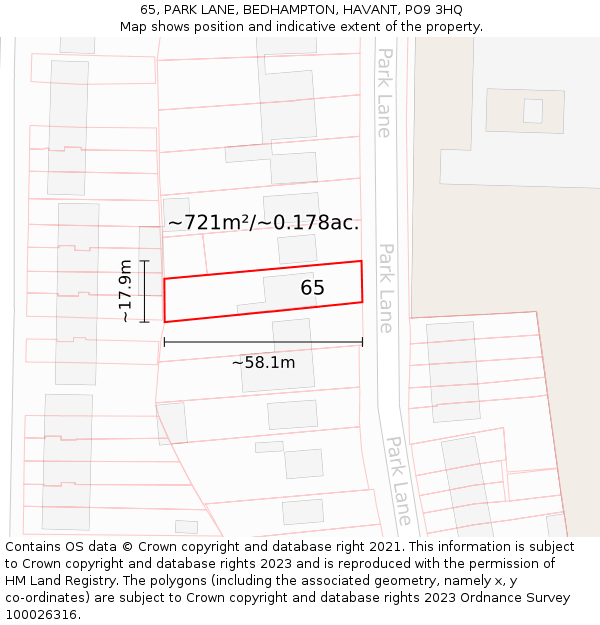 65, PARK LANE, BEDHAMPTON, HAVANT, PO9 3HQ: Plot and title map