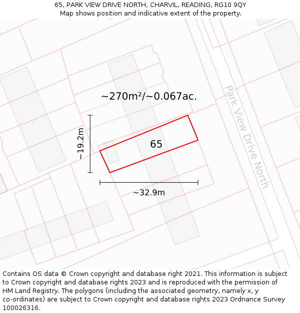65, PARK VIEW DRIVE NORTH, CHARVIL, READING, RG10 9QY: Plot and title map