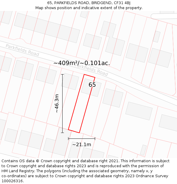 65, PARKFIELDS ROAD, BRIDGEND, CF31 4BJ: Plot and title map