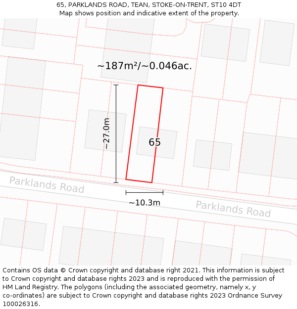 65, PARKLANDS ROAD, TEAN, STOKE-ON-TRENT, ST10 4DT: Plot and title map