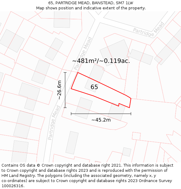65, PARTRIDGE MEAD, BANSTEAD, SM7 1LW: Plot and title map