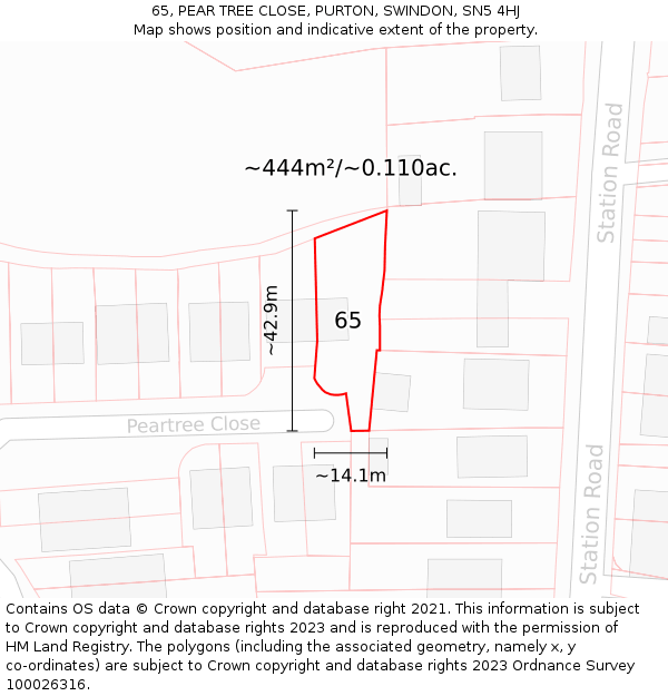 65, PEAR TREE CLOSE, PURTON, SWINDON, SN5 4HJ: Plot and title map