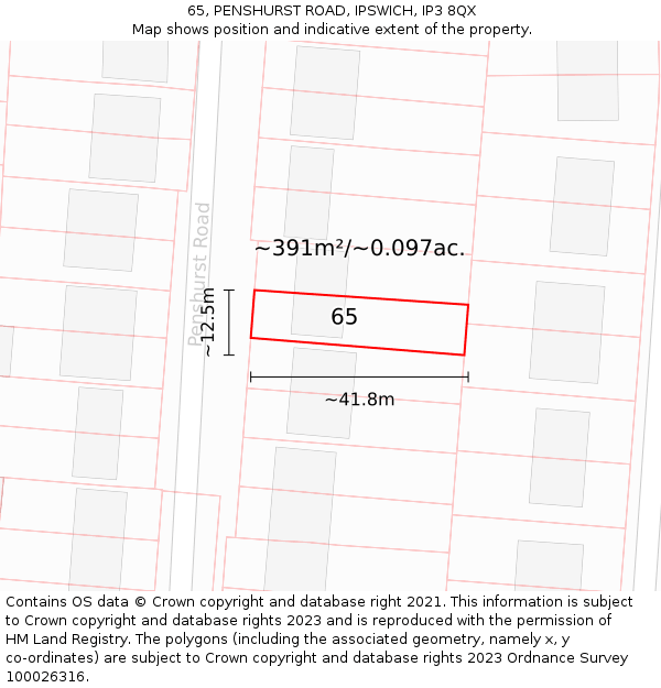 65, PENSHURST ROAD, IPSWICH, IP3 8QX: Plot and title map