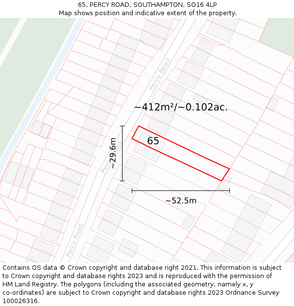 65, PERCY ROAD, SOUTHAMPTON, SO16 4LP: Plot and title map