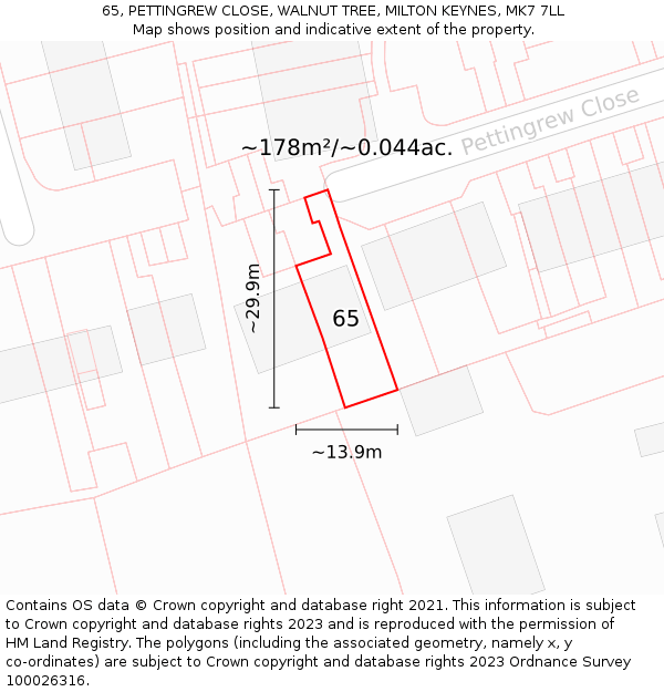 65, PETTINGREW CLOSE, WALNUT TREE, MILTON KEYNES, MK7 7LL: Plot and title map