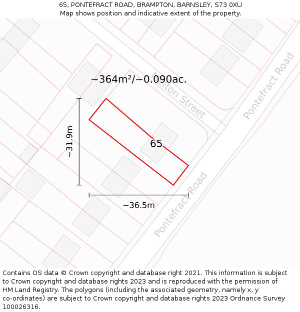 65, PONTEFRACT ROAD, BRAMPTON, BARNSLEY, S73 0XU: Plot and title map