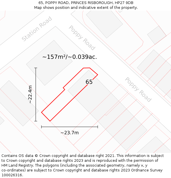 65, POPPY ROAD, PRINCES RISBOROUGH, HP27 9DB: Plot and title map