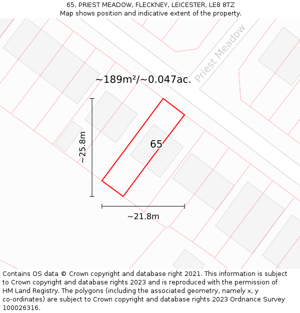 65, PRIEST MEADOW, FLECKNEY, LEICESTER, LE8 8TZ: Plot and title map