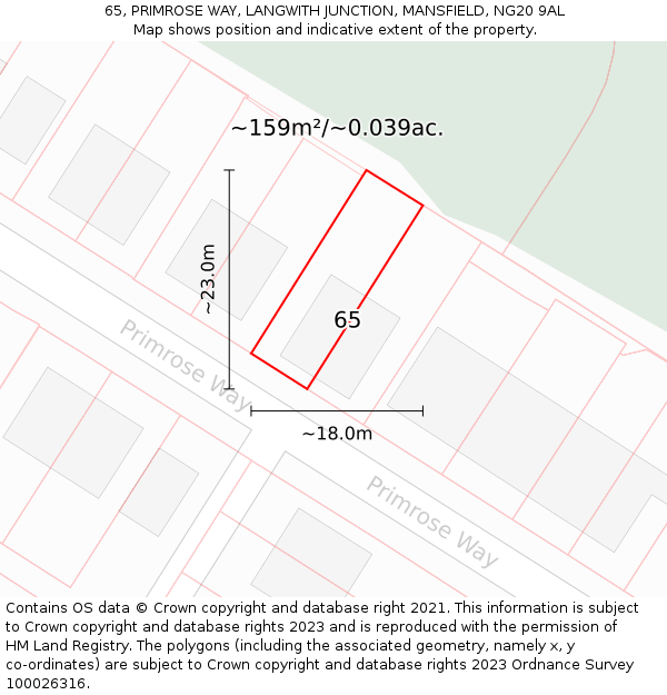 65, PRIMROSE WAY, LANGWITH JUNCTION, MANSFIELD, NG20 9AL: Plot and title map