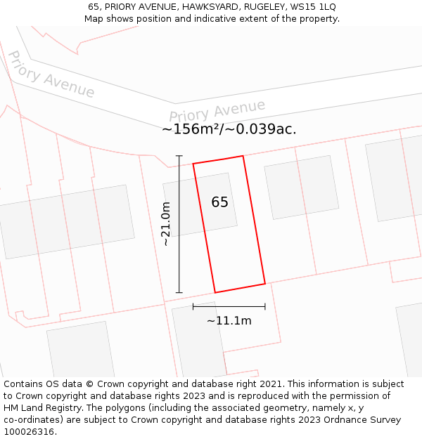 65, PRIORY AVENUE, HAWKSYARD, RUGELEY, WS15 1LQ: Plot and title map