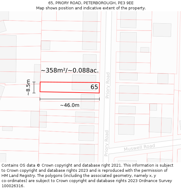 65, PRIORY ROAD, PETERBOROUGH, PE3 9EE: Plot and title map