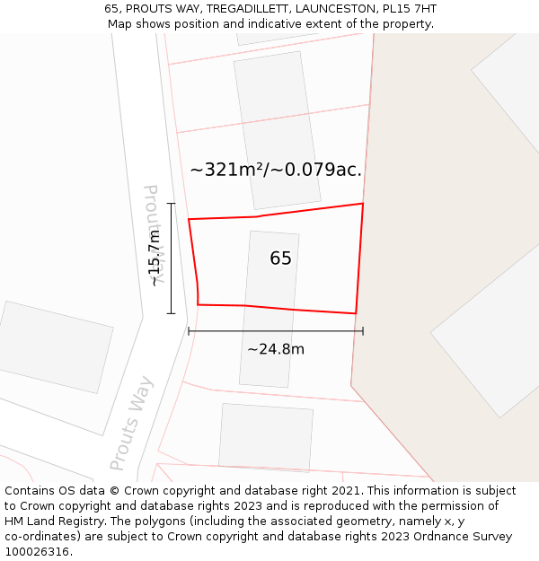 65, PROUTS WAY, TREGADILLETT, LAUNCESTON, PL15 7HT: Plot and title map