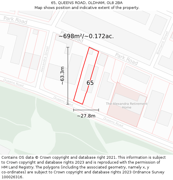 65, QUEENS ROAD, OLDHAM, OL8 2BA: Plot and title map