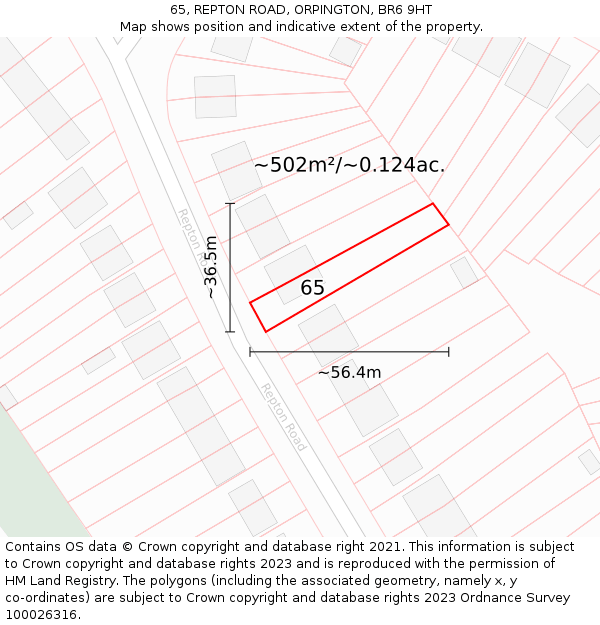 65, REPTON ROAD, ORPINGTON, BR6 9HT: Plot and title map