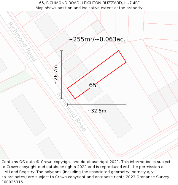 65, RICHMOND ROAD, LEIGHTON BUZZARD, LU7 4RF: Plot and title map