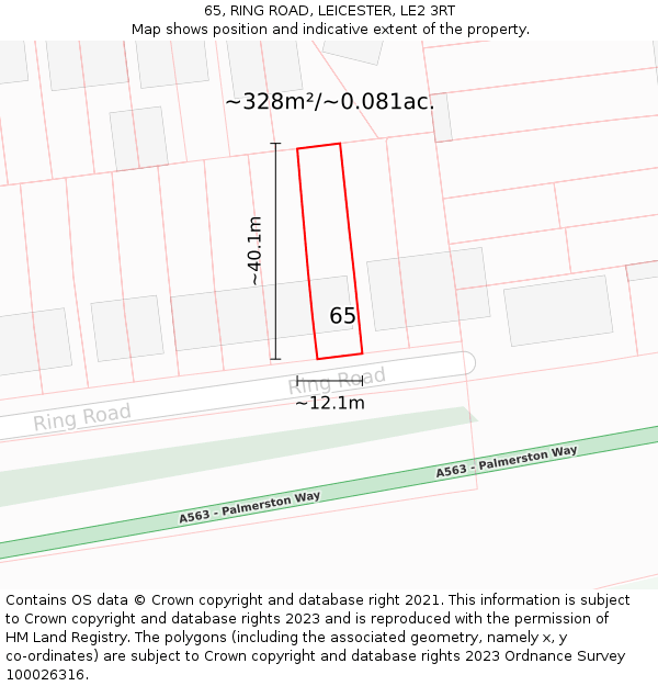 65, RING ROAD, LEICESTER, LE2 3RT: Plot and title map